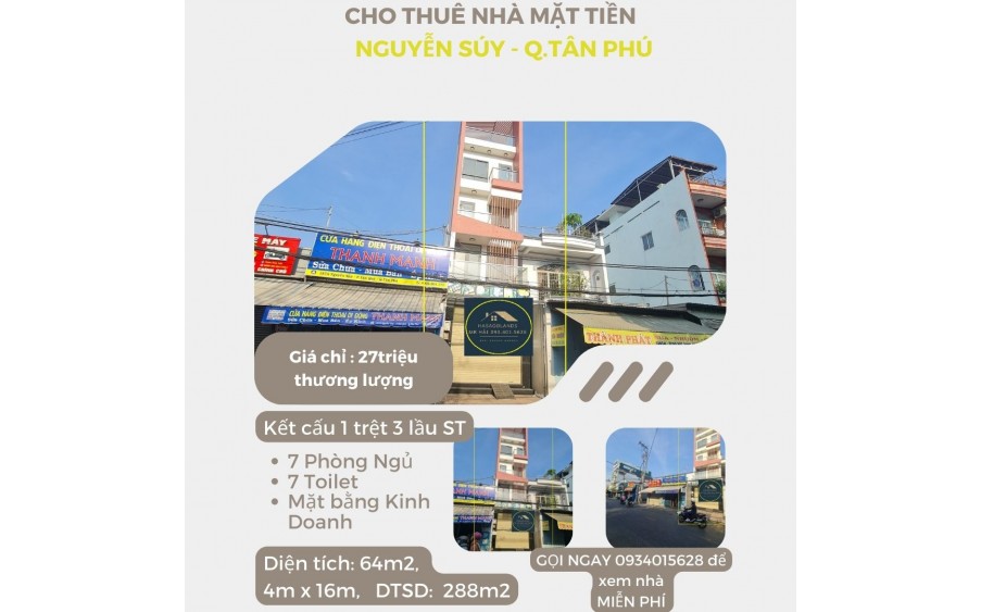 Cho thuê nhà Mặt Tiền Nguyễn Súy 64m2, 3Lầu+ST, 27Triệu, gần CHỢ Tân Hương